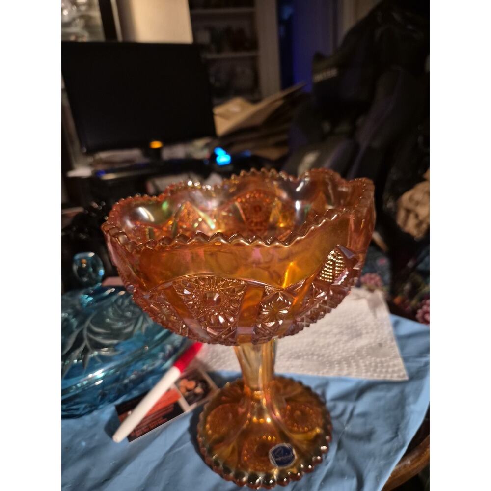 VTG IMPERIAL Marigold Carnival Glass Compote - Hobstar And Arches Pattern